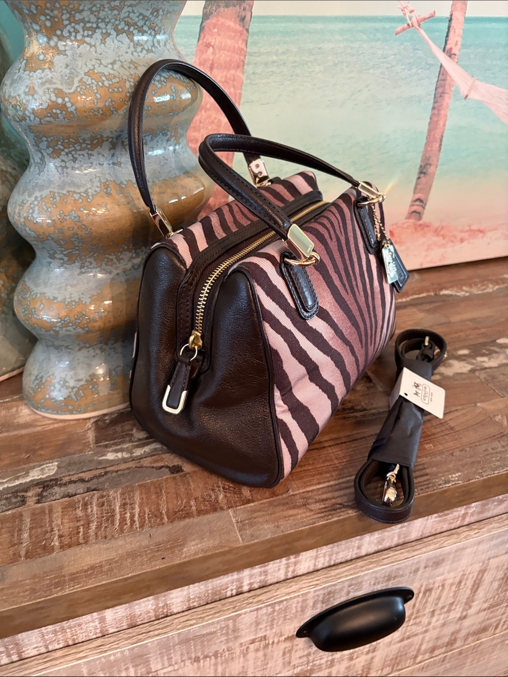 Rare COACH Tan and Brown Zebra-Print Satchel with Leather Trim like new - Picture 4 of 12